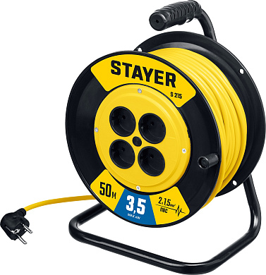 Силовой удлинитель на катушке STAYER S-215, ПВС, 2 х 1.5 мм2, 50 м, 3500 Вт