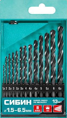 Набор спиральных сверл по металлу СИБИН 13 шт, (1.5-6.5 мм), быстрорежущая сталь, класс В