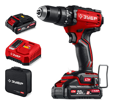 Бесщеточная ударная дрель-шуруповерт ЗУБР 20 В, 65 Н·м, 2 АКБ LMS (2 А·ч)