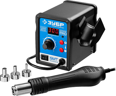 Термовоздушная паяльная станция ЗУБР цифровая 650Вт, 100-500°C, 120 л/мин, 3 насадки, керамический н