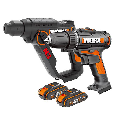 Дрель-шуруповерт аккумуляторная WORX WX101.9 + Перфоратор аккумуляторный WORX H3 WX390.1, 20В, 2Ач х