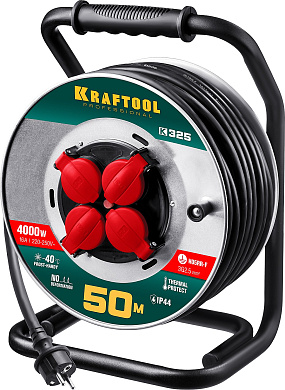 Силовой удлинитель на стальной катушке KRAFTOOL КГ 3х2.5 50м 4000Вт IP44, K-325