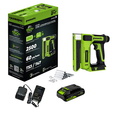Степлер акк. Greenworks G24CS10, 24V, 60 уд/мин, скобы Т53, гвозди Т47,1х2Ач,ЗУ