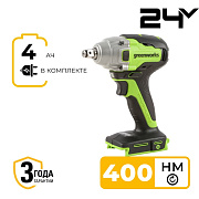 Гайковерт ударный акк. Greenworks GD24IW400, 24V,б/щет,1/2'', 400Нм,1х4Ач,ЗУ,кор (3802907CUB)