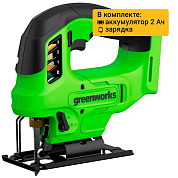 Лобзик акк. Greenworks GD24JS90, 24V, б/щет, 90 мм,0-3000/мин,4 ст.маятник,LED,1х2Ач,ЗУ