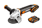Угловая шлифмашина аккумуляторная WORX WX800, 20В, 115 мм, 2*2,0Ач, кейс