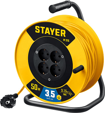 Силовой удлинитель на катушке STAYER M-315, ПВС, 3 х 1.5 мм2, 50 м, 3500 Вт