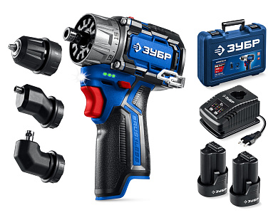 Модульная дрель-шуруповерт, BRUSHLESS ЗУБР КОМБИ #3, 12 В, 45 Н·м, 2 АКБ тип Т7 (2 А·ч)